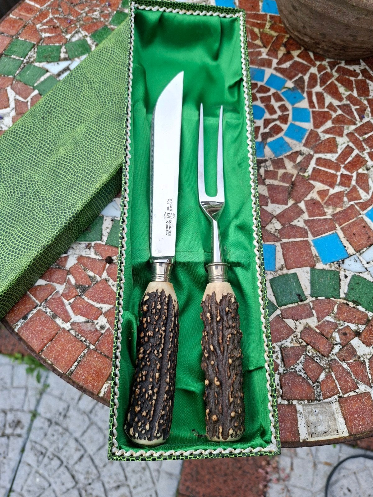 Vintage Vlees Snijset Solingen Hertengewei Nieuw in Doos, Ophalen of Verzenden