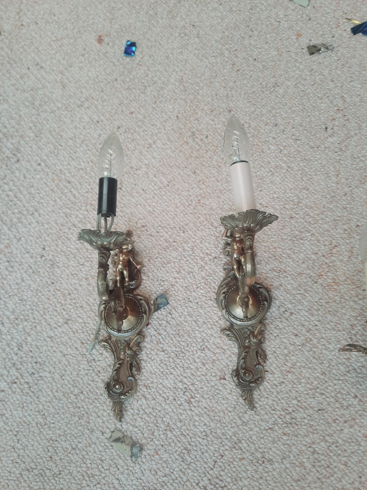 Set van 2 vintage / brocante wandlampen met cherubijn decora, Gebruikt, E14 (klein), Ophalen of Verzenden, Goud