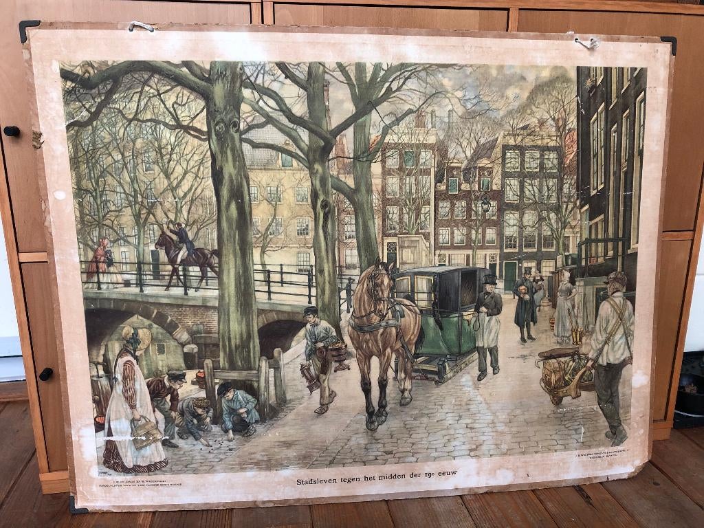 schoolplaat "Stadsleven tegen het midden der 19e eeuw", Antiek en Kunst, Antiek | Schoolplaten, Ophalen, Stad- en Dorpsgezichten