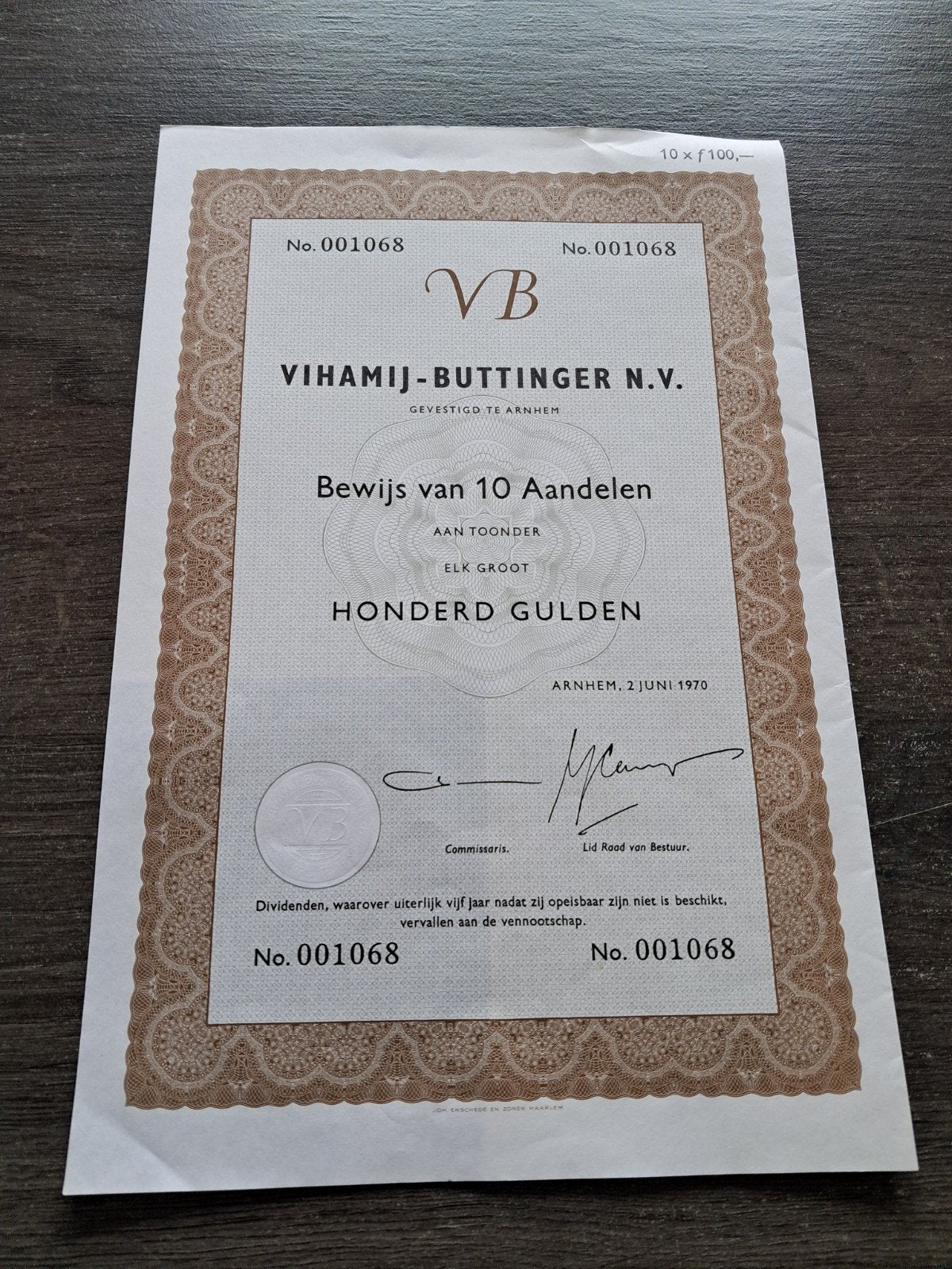 VIHAMIJ-BUTTINGER N.V. Aandeelbewijs 1970, Ophalen, 1970 tot heden, Aandeel