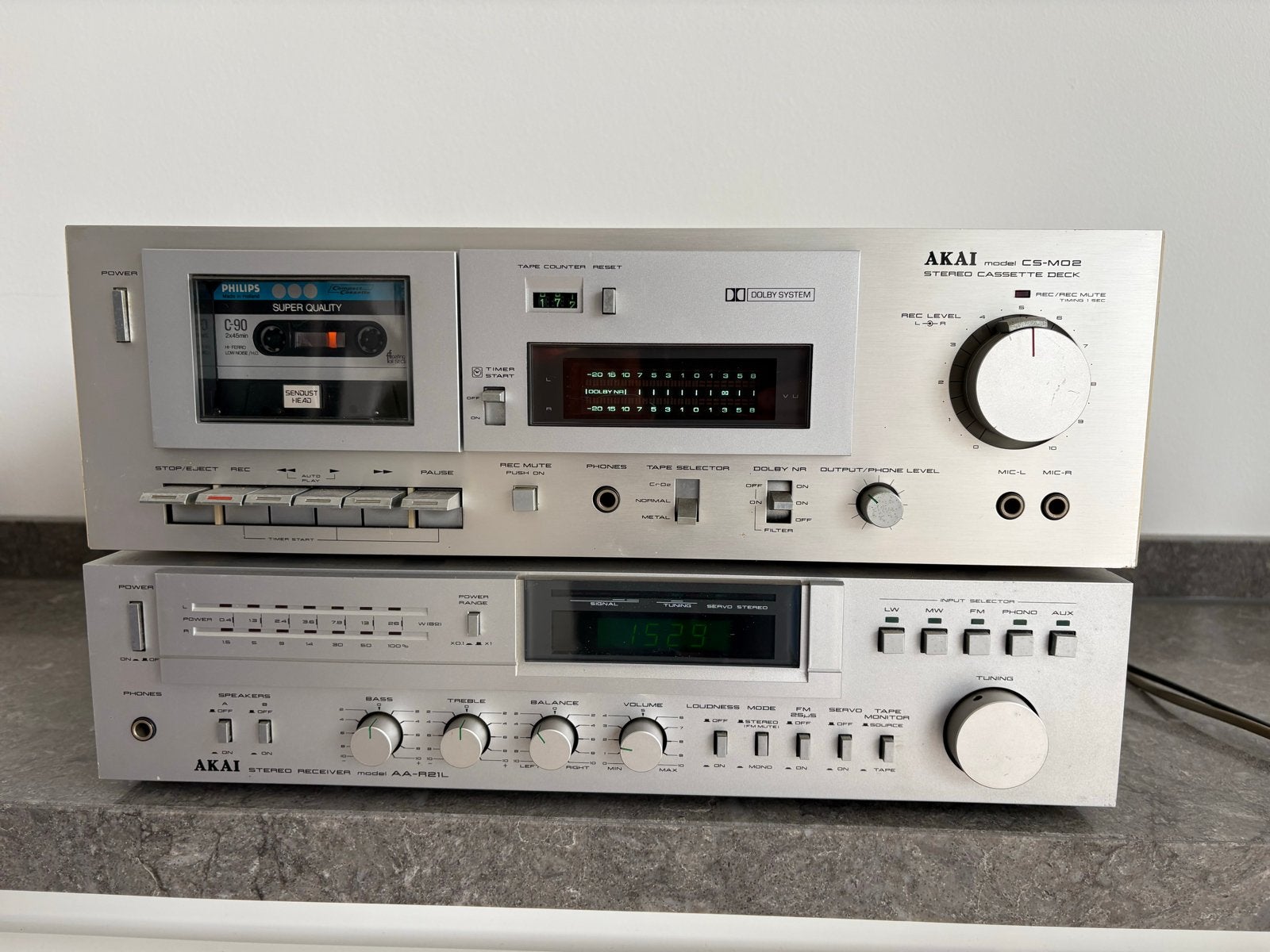 Akai CS-M02 Cassettedeck & AA-R21L Receiver Set, Gebruikt, Cassettedeck, Akai, Losse componenten