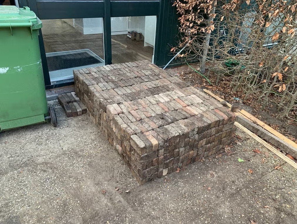 GRATIS! 7,5m2 klinkers (14 x 7,5 x 5cm) - Meerkleurig / bont, Ophalen, Gebruikt, Klinkers, 5 tot 10 m²