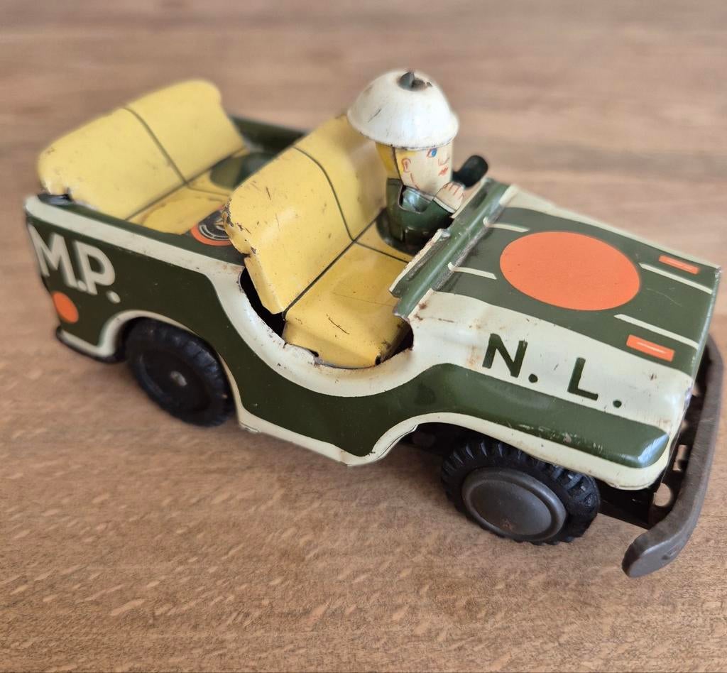 Oude blikken speelgoed m.p. jeep met bestuurder, Antiek en Kunst, Ophalen of Verzenden