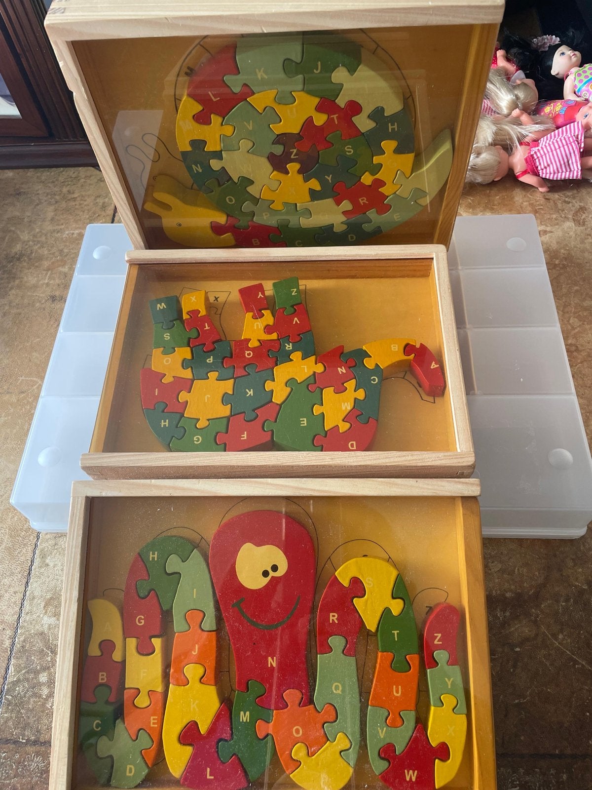 Houten puzzels met alfabet (3 stuks), Ophalen, 2 tot 4 jaar, Meer dan 50 stukjes, Zo goed als nieuw