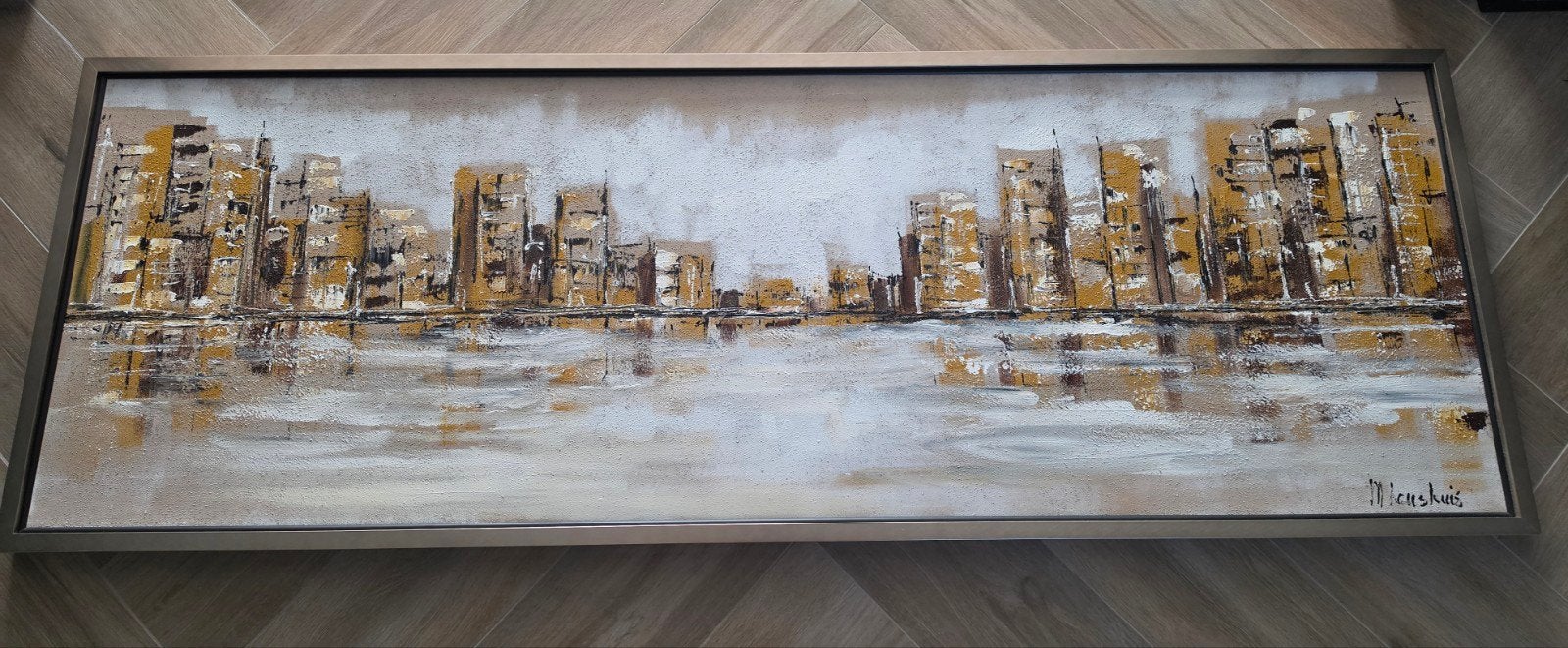 Corrie Leushuis - Vage Skyline - Modern Schilderij, Ophalen, Met textuur, Gemengde techniek, Stadsgezicht