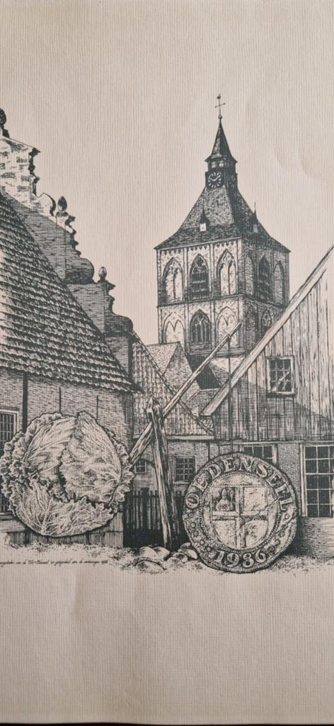 Historische ets van Oudenseel met kerk en stadsgezicht, Ophalen of Verzenden, Stadsgezicht, Ets