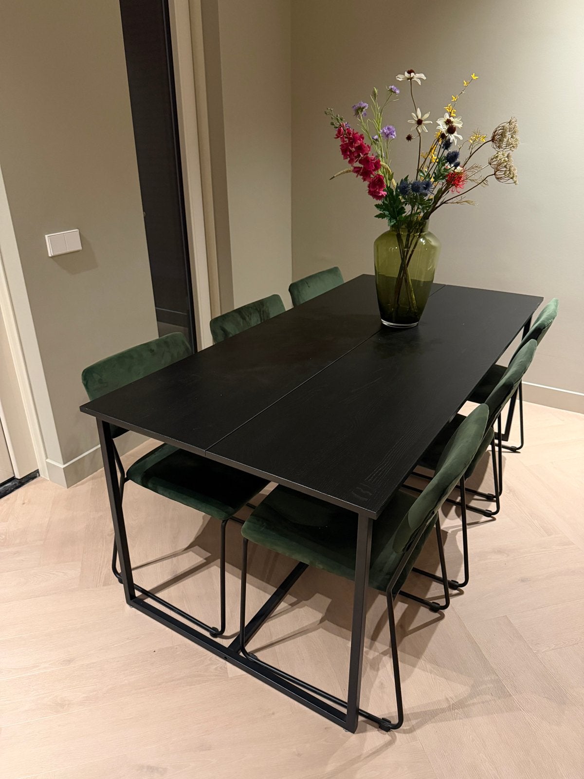 Eettafel 185 cm x 90 cm en 6 stoelen groen velvet, Huis en Inrichting, Ophalen, Gebruikt, 50 tot 100 cm, Overige houtsoorten