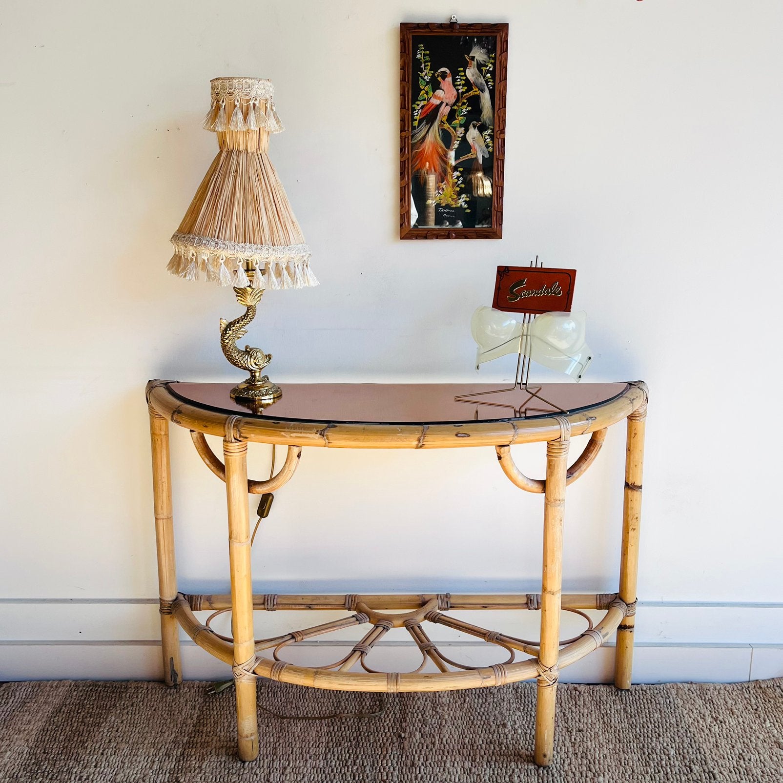 Rotan bamboe Sidetable Console haltafel Vintage, Ophalen, 100 tot 150 cm, Vintage, Zo goed als nieuw