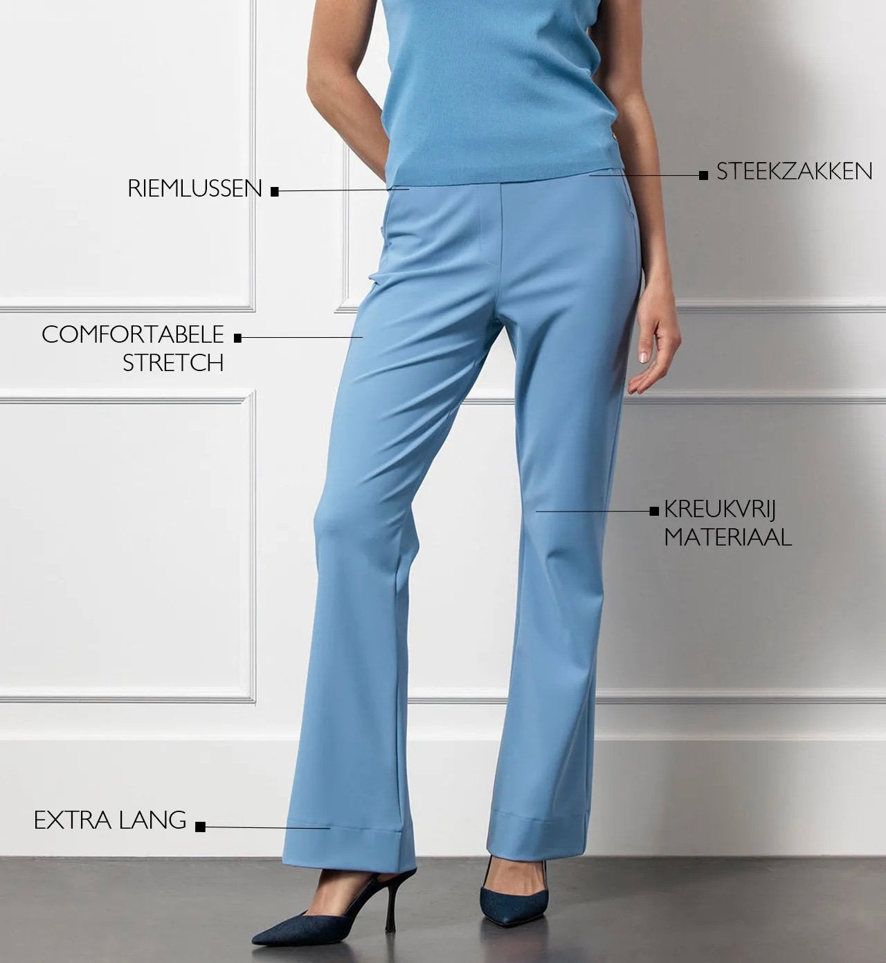 Studio Anneloes flared bonded broek LONG broek travelstof M, Kleding | Dames, Broeken en Pantalons, Maat 38/40 (M), Blauw, Ophalen of Verzenden
