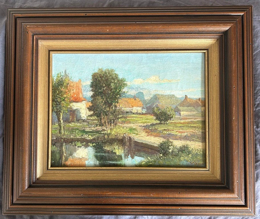 Landschap met huizen, Antiek en Kunst, Kunst | Schilderijen | Klassiek, Ophalen of Verzenden