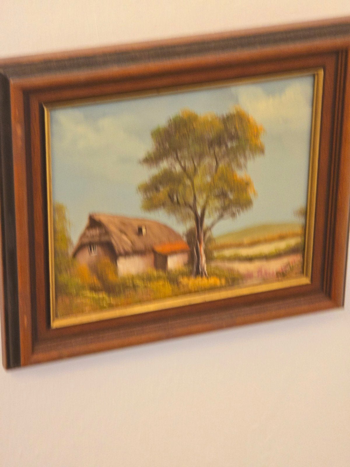 TEAB Schilderij met rietgedekt huisje in landschap, Ophalen of Verzenden