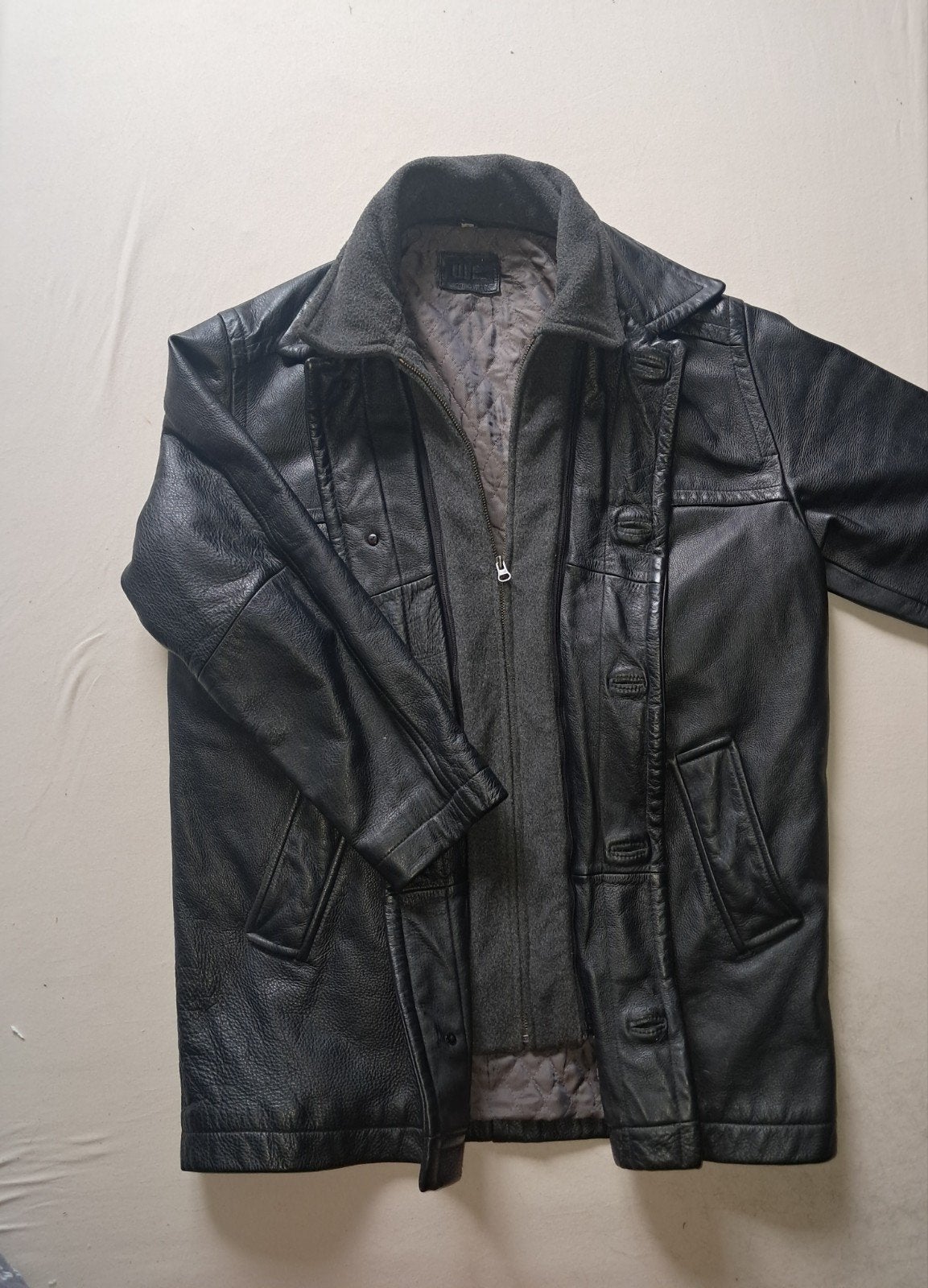 Stoere halflange zwart leren jas, WE, uitritsbare kraag, WE, Maat 48/50 (M), Zwart, Ophalen of Verzenden
