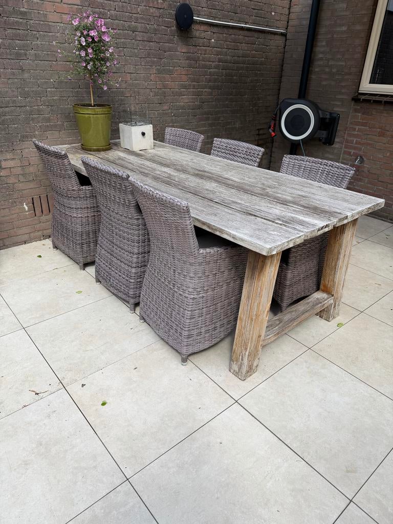 Seasons Outdoor tuinset met 6 wicker stoelen en houten tafel, Ophalen, Zo goed als nieuw, Rechthoekig, Wicker