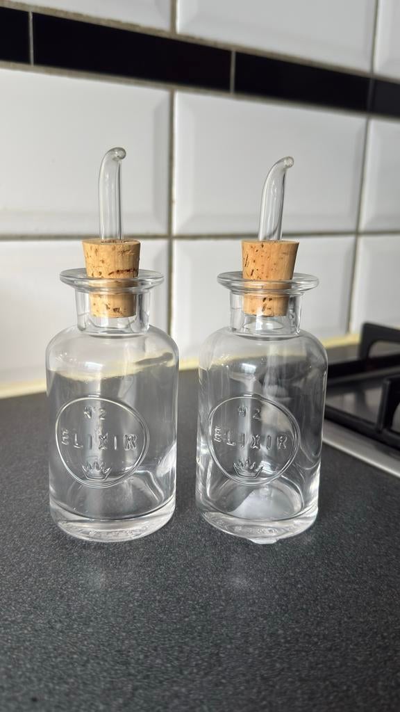Set van 2 Elixir Olie- en Azijnflesjes met Kurkstop, Huis en Inrichting, Woonaccessoires | Stolpen, Zo goed als nieuw, Ophalen of Verzenden
