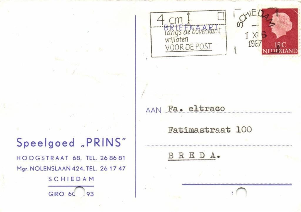 Speelgoed Prins, Schiedam - 10.1967 - briefkaart, Ophalen of Verzenden, Briefkaart