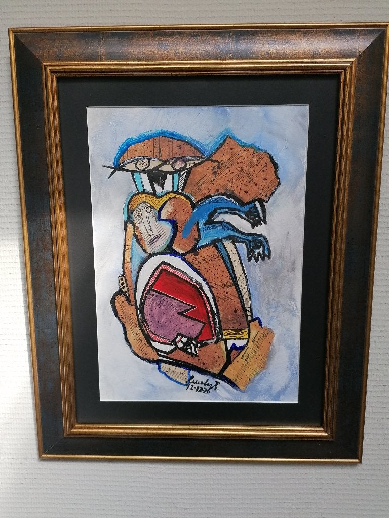 LUCEBERT CoBrA origineel werk, Ophalen, Papier/karton, Gemengde techniek, Passe-partout