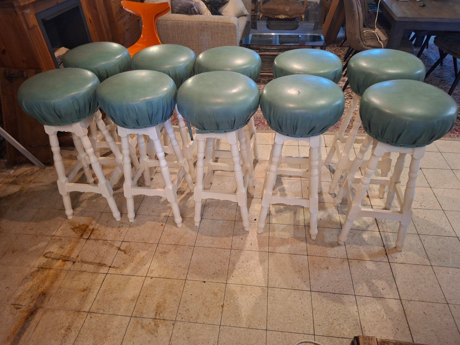 Set van 10  Barkrukken met Groene Bekleding, Huis en Inrichting, Ophalen, Gebruikt, Hout