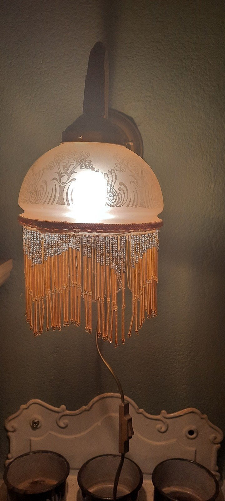 Vintage Wandlamp met Kralen en Geëtst Glas, Ophalen of Verzenden