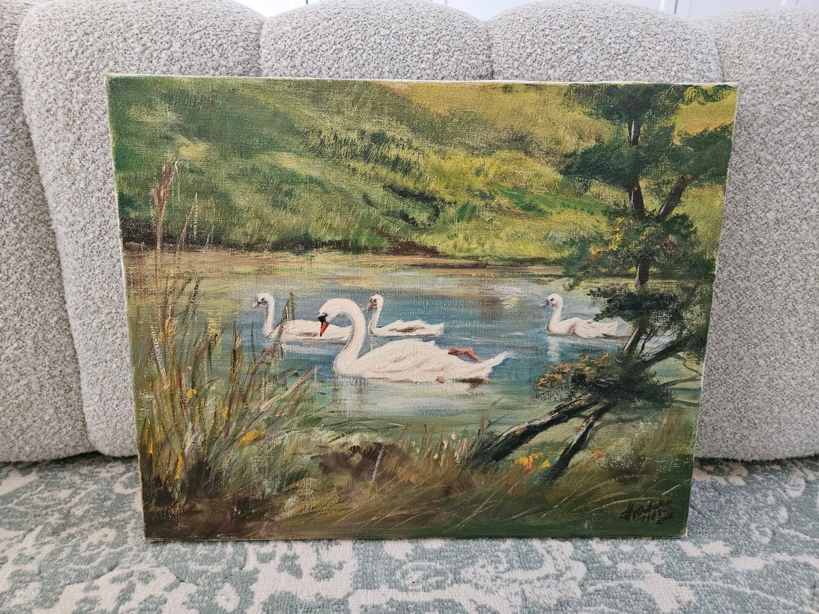 Brocant Landelijk Schilderij Zwanen Meer (Gesigneerd), Ophalen