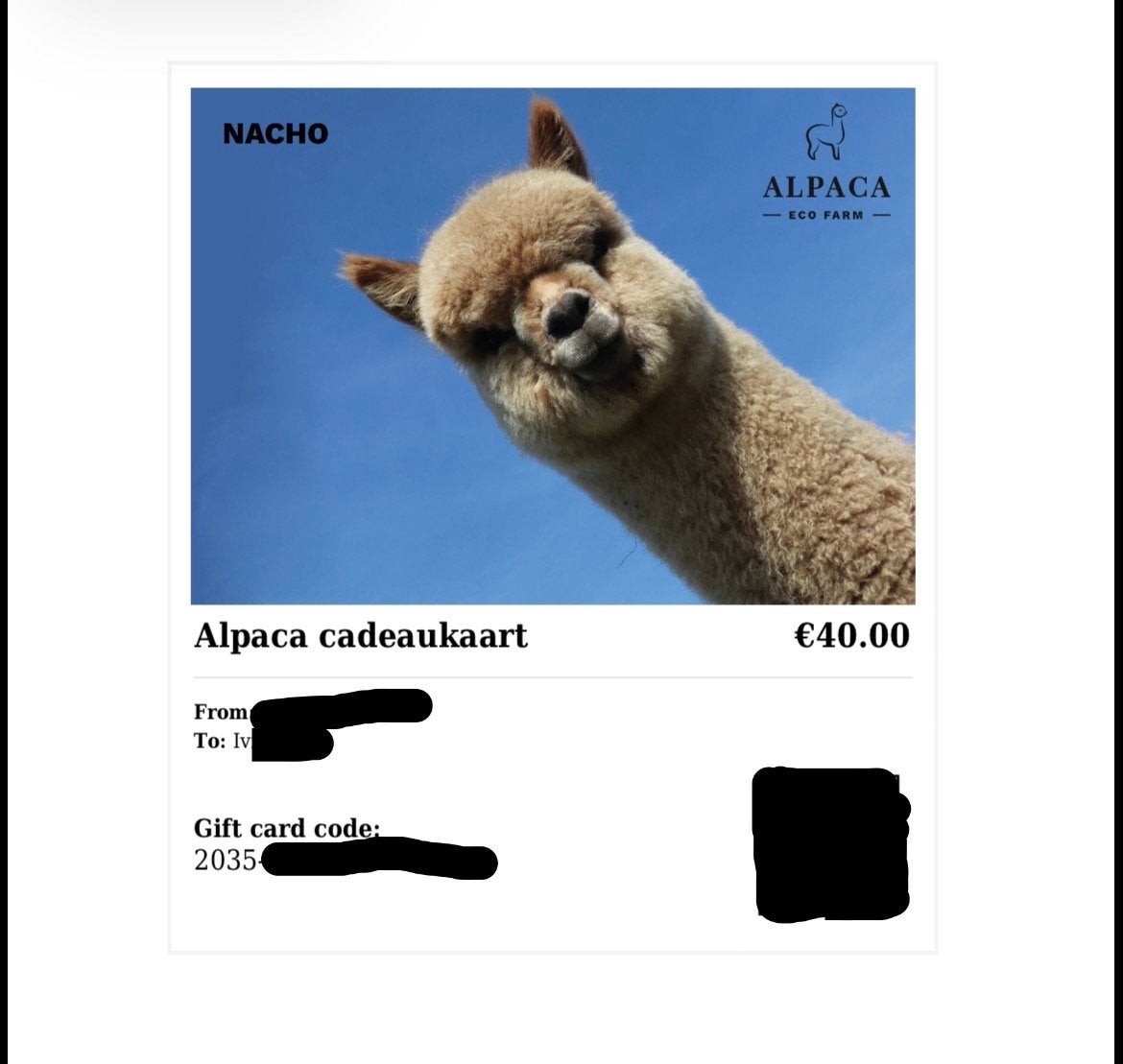 Alpaca Eco Farm 40€ voucher, Tickets en Kaartjes, Eén persoon, Kortingsbon