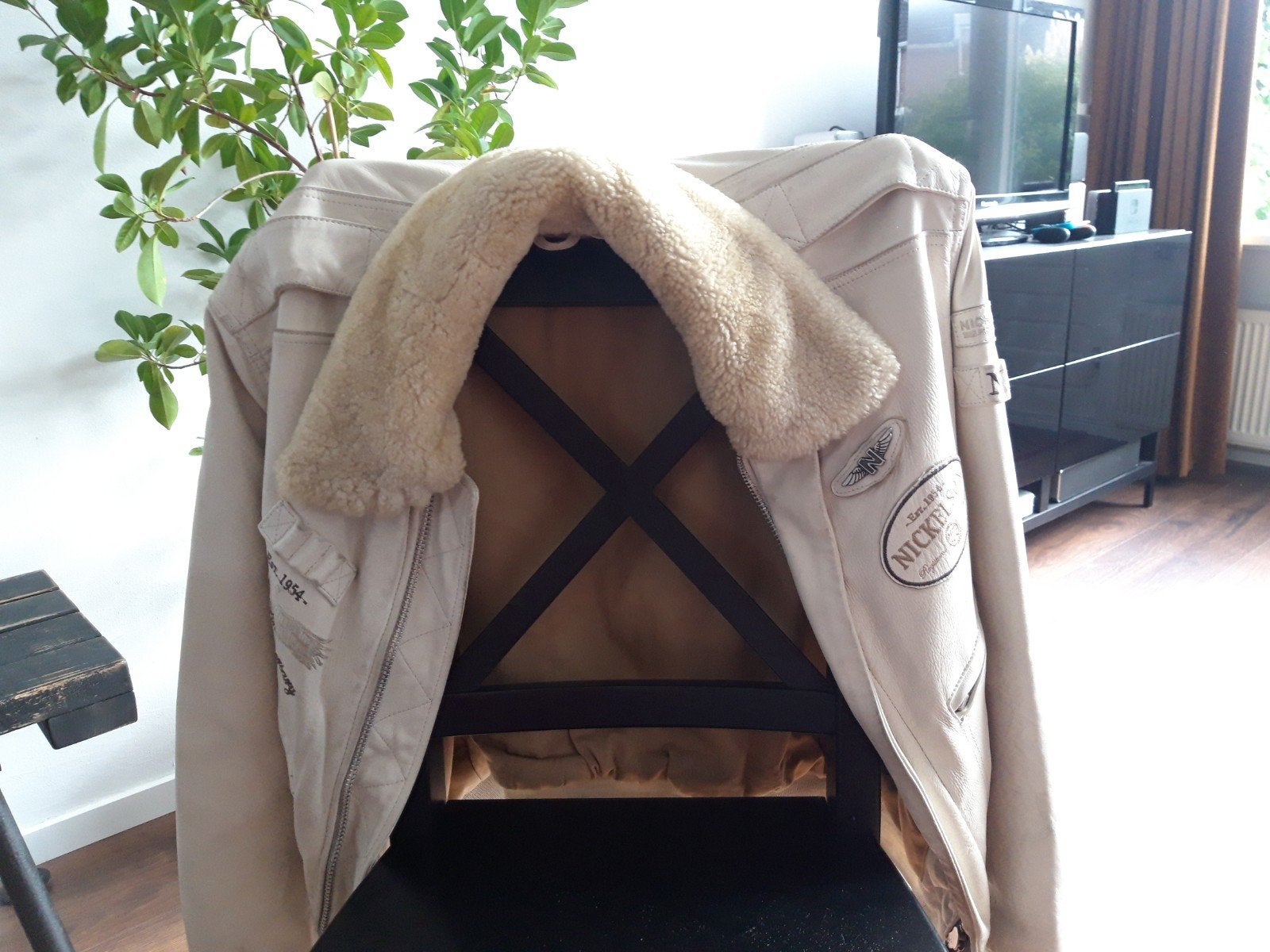 Nickelson Leren Bomberjack met Schapenvacht Kraag, Beige, Nickelson, Ophalen of Verzenden, Maat 36 (S)