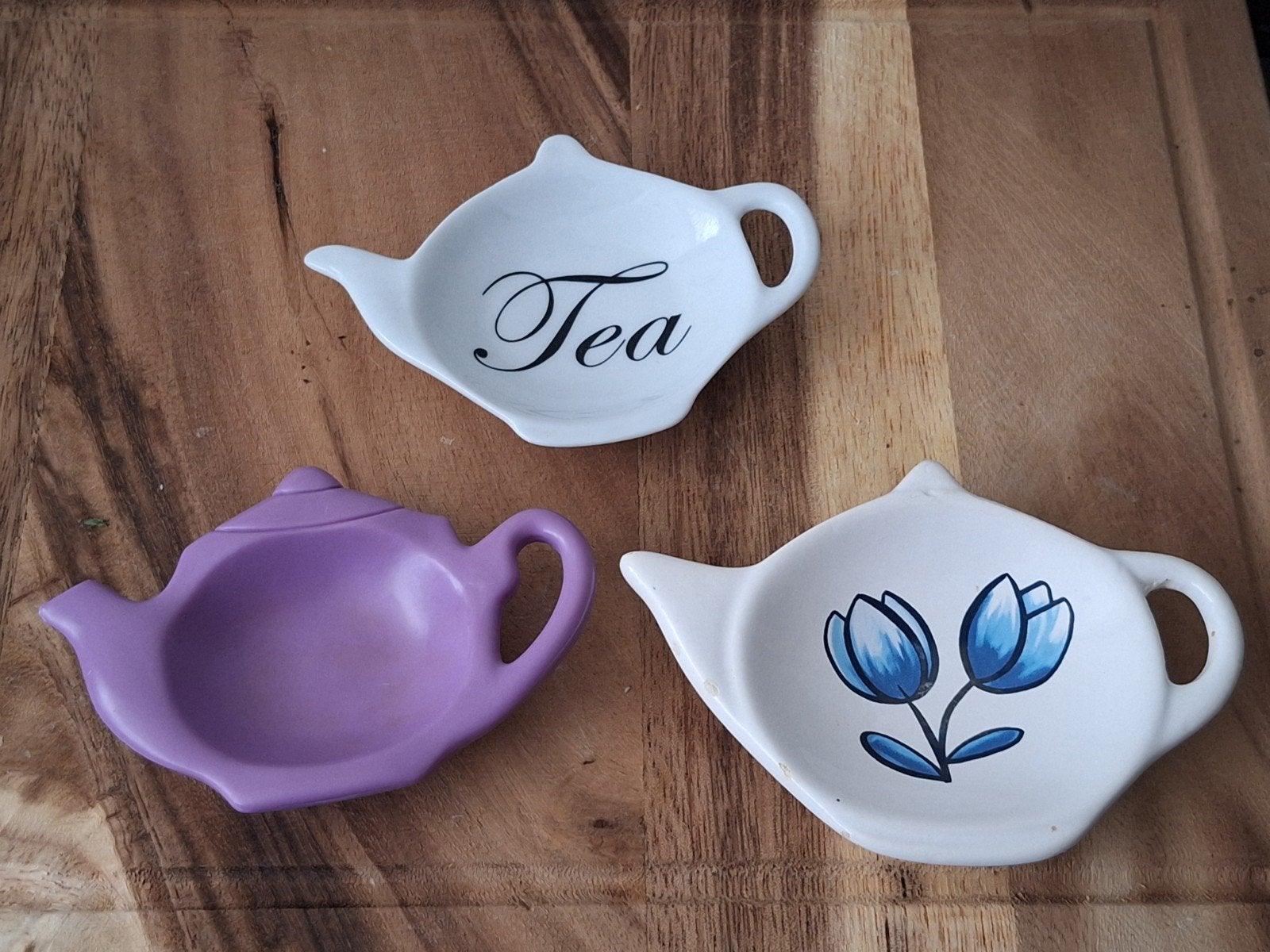 Set van 3 theezakjeshouders: lila, 'Tea' en Delfts blauw, Hobby en Vrije tijd, Theezakjes, Ophalen of Verzenden, Theezakje(s)