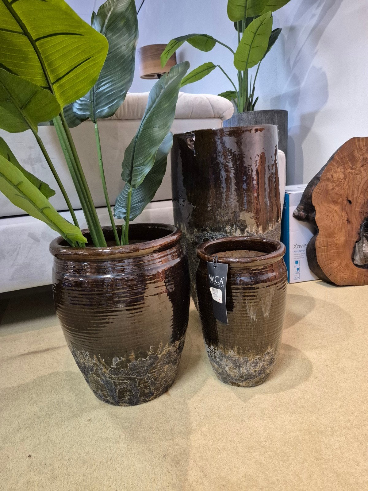 Set van 3 bruine geglazuurde bloempotten MICA, Ophalen, 40 cm of meer, Nieuw, Aardewerk