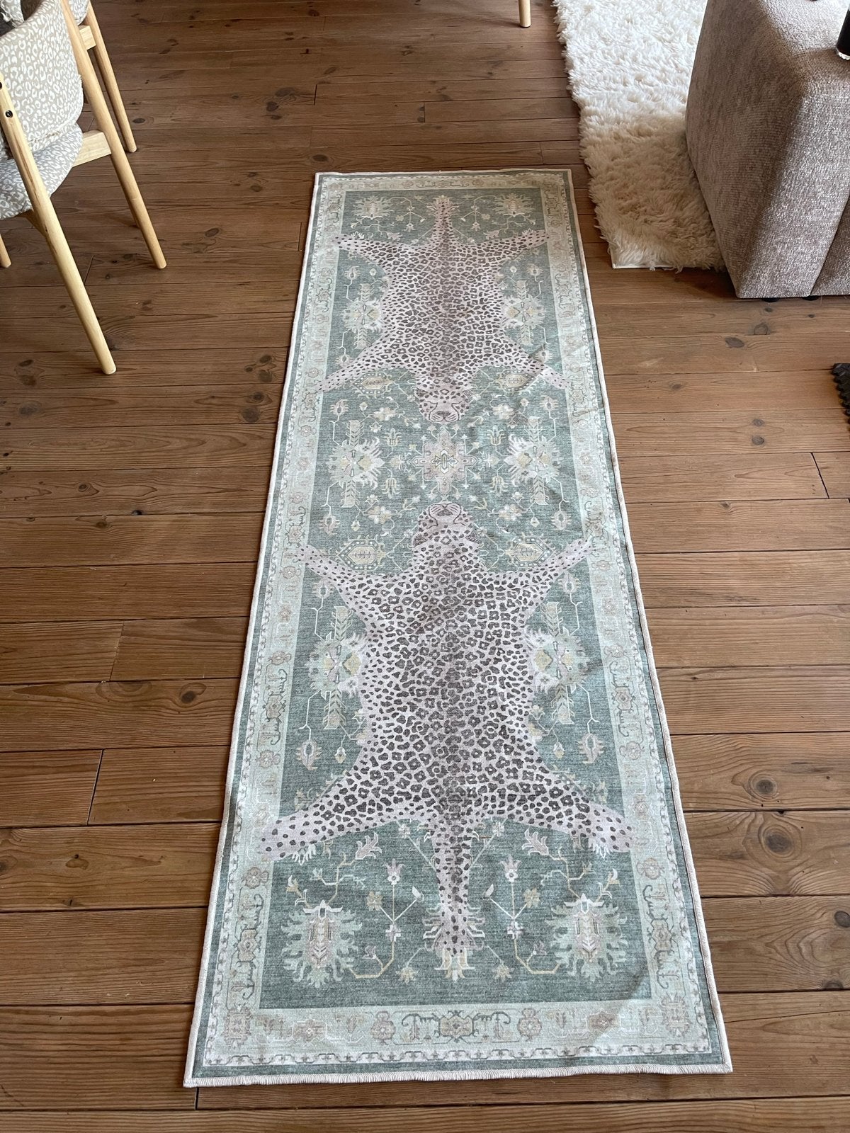 Loper met luipaardprint en oosters patroon - Groen, 200 cm of meer, Zo goed als nieuw, Rechthoekig, Groen
