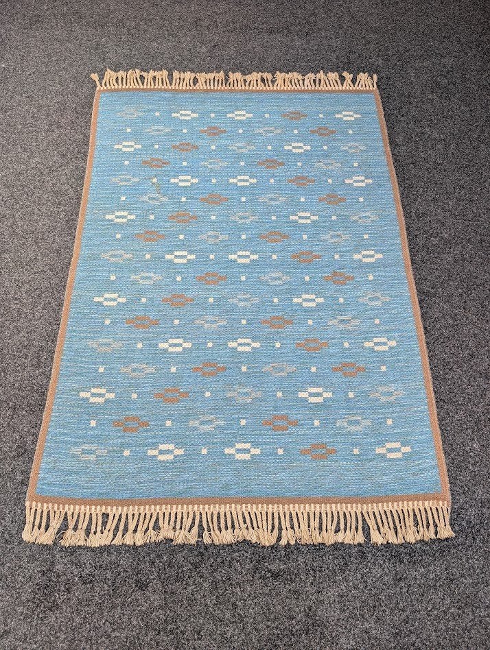 Vintage Scandinavisch vloerkleed, Gebruikt, 100 tot 150 cm, Blauw, 200 cm of meer