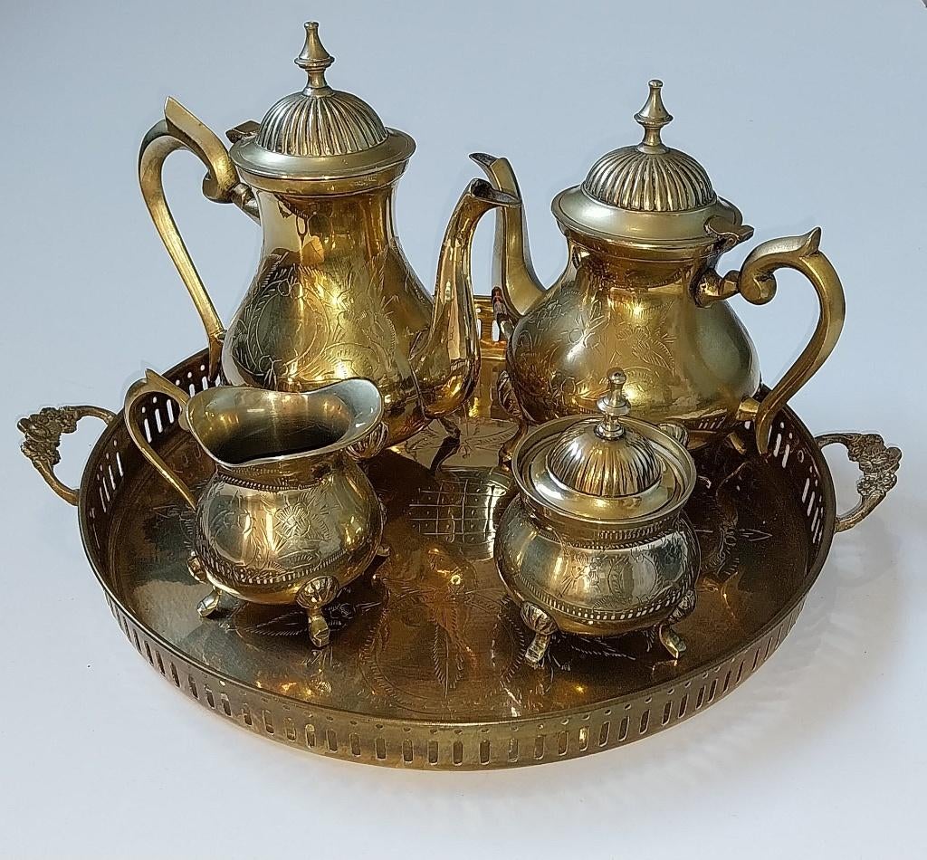 Compleet Antiek (EPNS) Messing Koffie-Theeservies, Antiek en Kunst, Antiek | Servies compleet, Ophalen of Verzenden