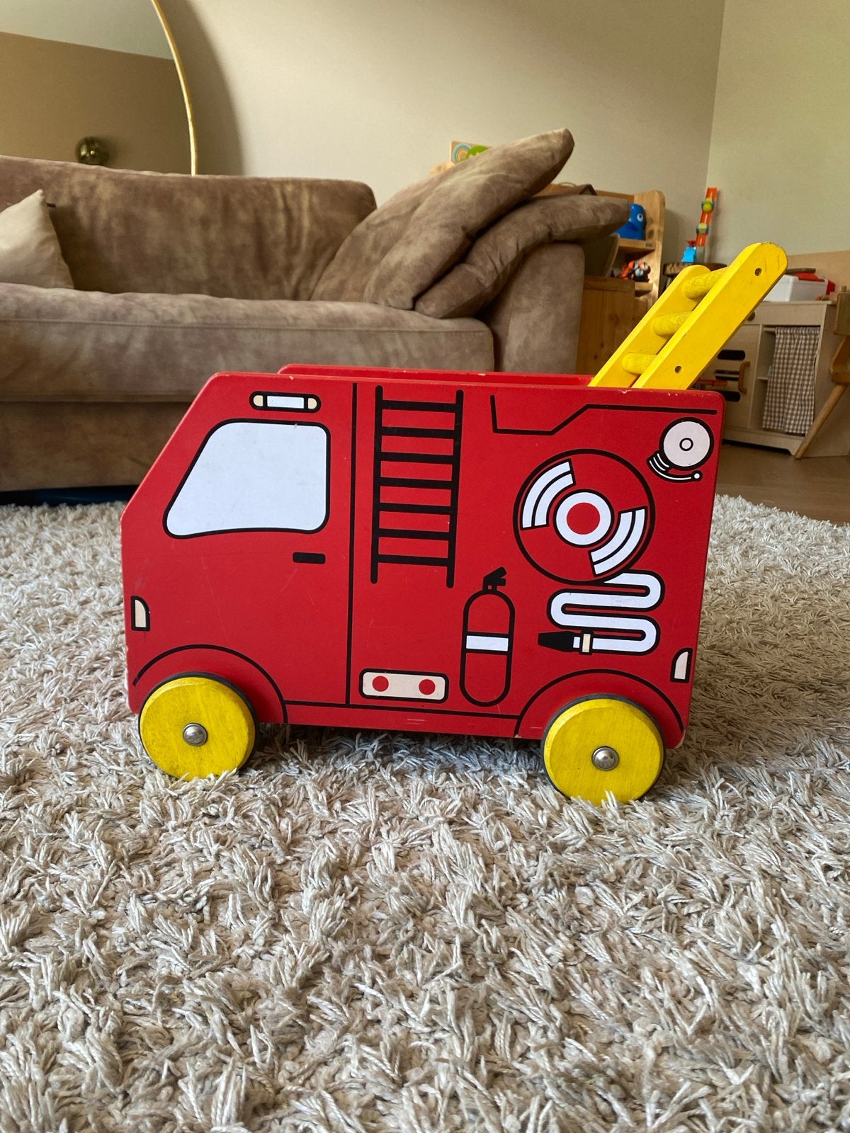 Houten brandweerwagen loopwagen met blokken, Kinderen en Baby's, Speelgoed | Houten speelgoed, Gebruikt, Rij- of Hobbelspeelgoed