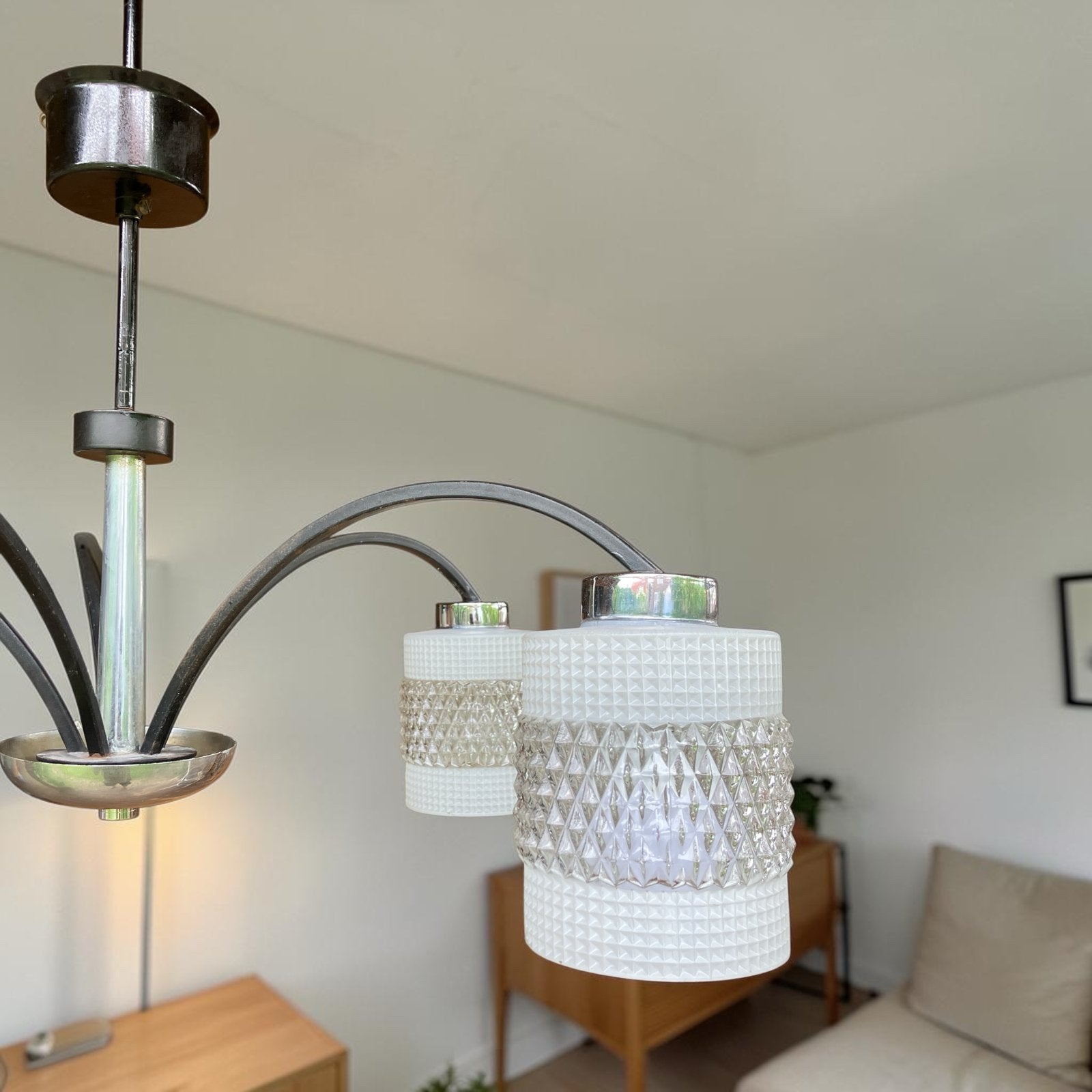 Mid-Century Deense/West-Duitse vintage hanglamp met 5 lichtp, Antiek en Kunst, Antiek | Lampen, Ophalen