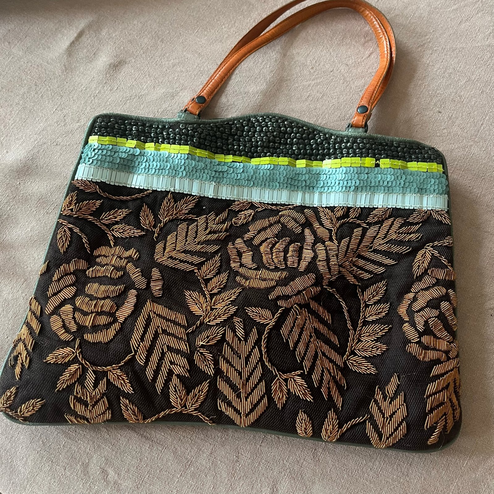 Jamin Puech Vintage Handtas met kralen en borduursels, Ophalen of Verzenden, Gebruikt, Bruin, Handtas