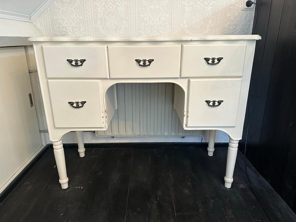 Vintage wit bureau met 5 lades - Brocante stijl, Ophalen, Gebruikt, 100 tot 150 cm, Minder dan 100 cm