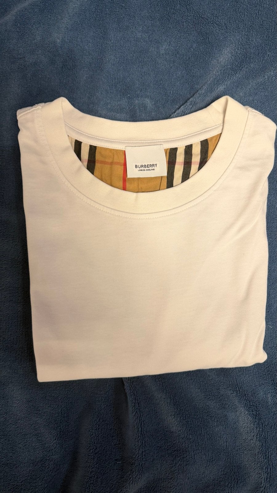 Burberry T-shirt met Nova Check mouwen - Maat L, Ophalen of Verzenden, Zo goed als nieuw, Maat 52/54 (L), Wit