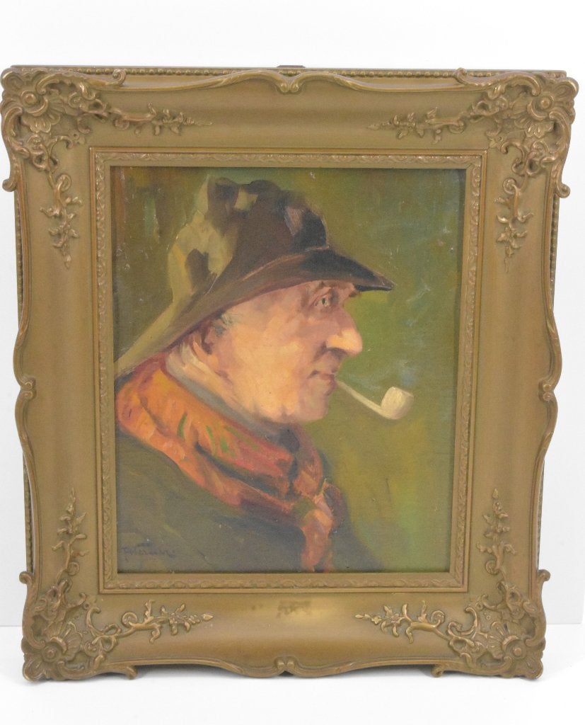 Sfeervol schilderij "Oude visser met pijp" – P. Wenum, Doek, Portret of Personen, Ophalen of Verzenden, Bijzondere lijst