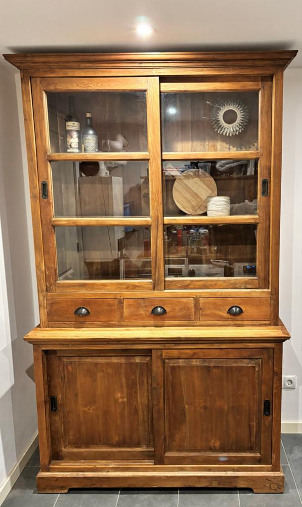 Teakhouten buffetkast/vitrinekast met schuifdeuren, Ophalen, Gebruikt, 100 tot 150 cm, 200 cm of meer