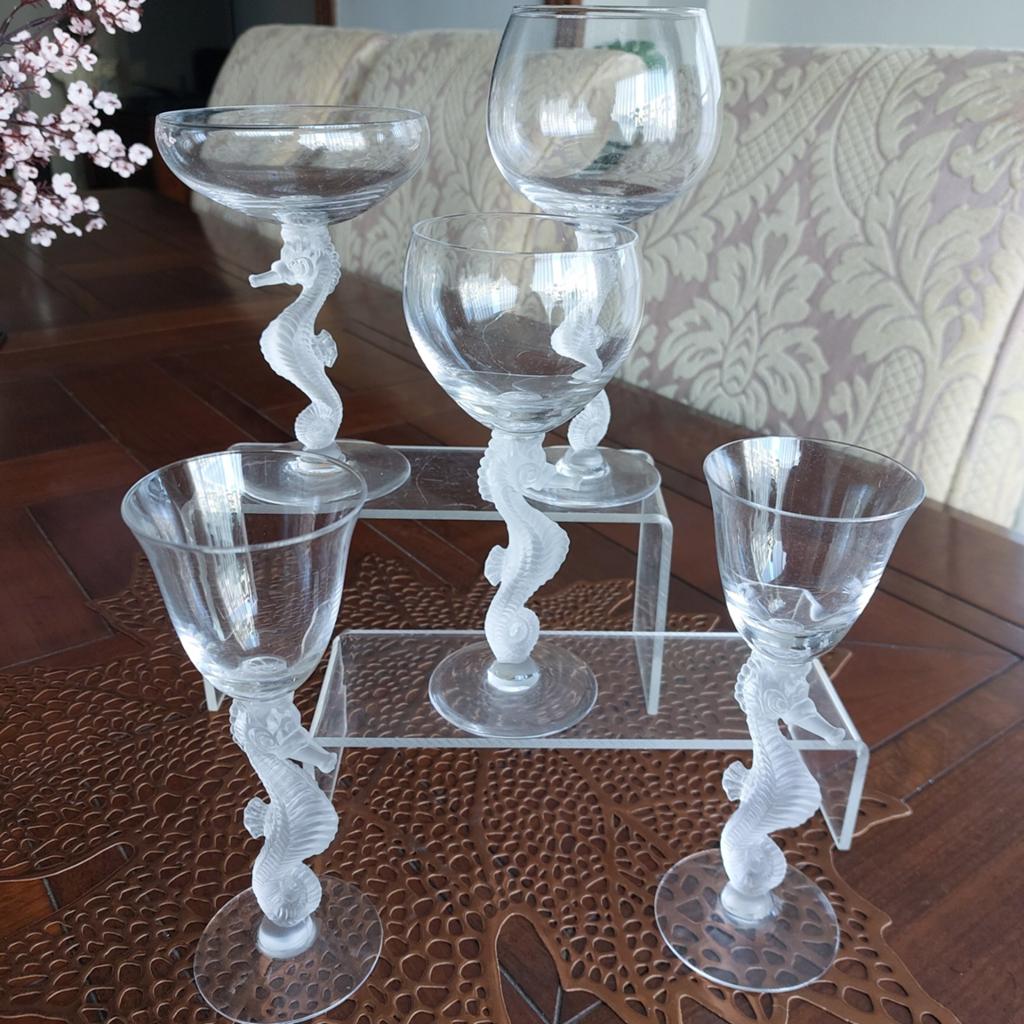 Prachtige 5-delige vintage glas set met zeepaardjes, Ophalen of Verzenden