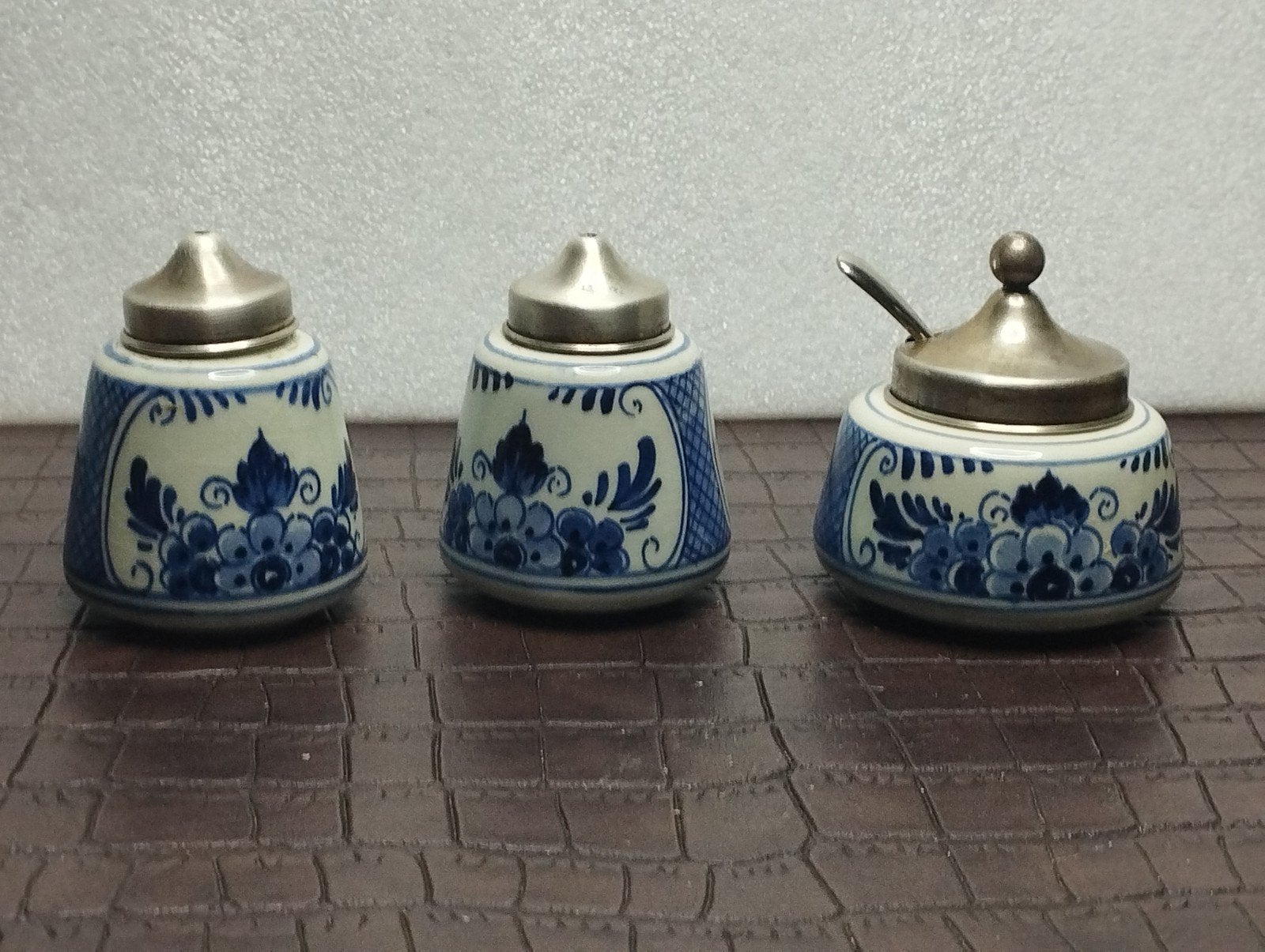 Antiek Delfts Blauw kruidenstel met zilveren montuur (3-d), Antiek en Kunst, Ophalen of Verzenden, Zilver