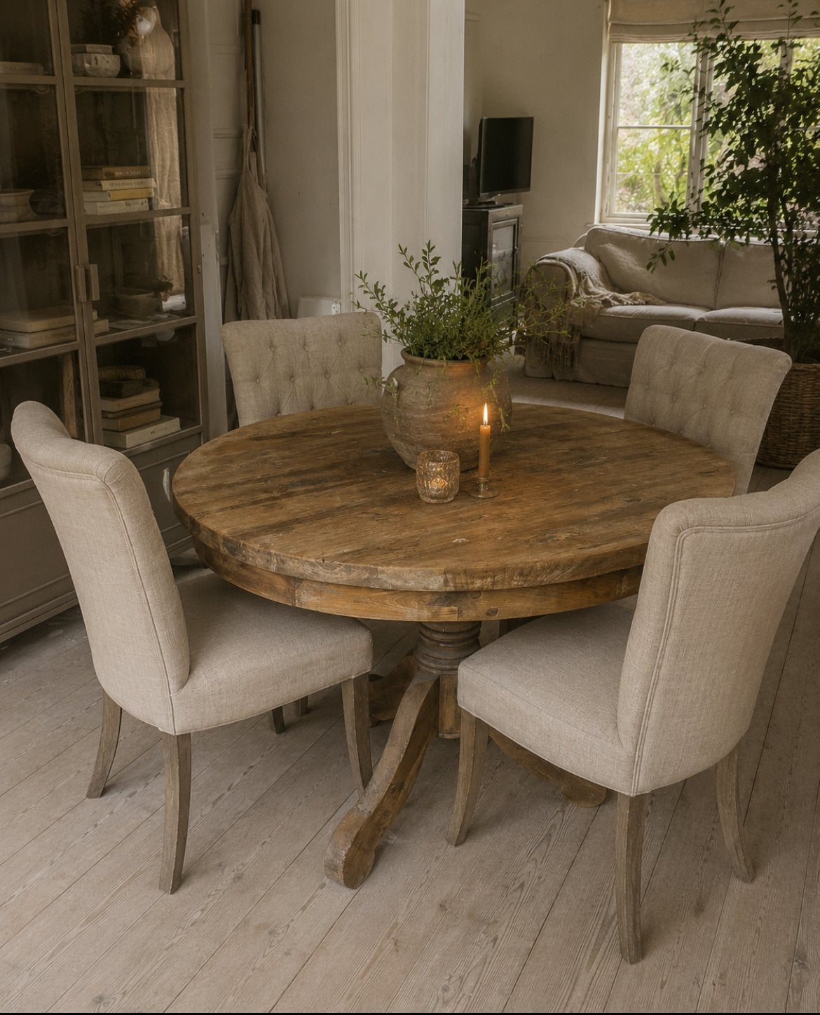 Eettafel Bali reclaimed teak 95 rond met bolpoot, Huis en Inrichting, Tafels | Eettafels, Ophalen of Verzenden, Rond, 50 tot 100 cm