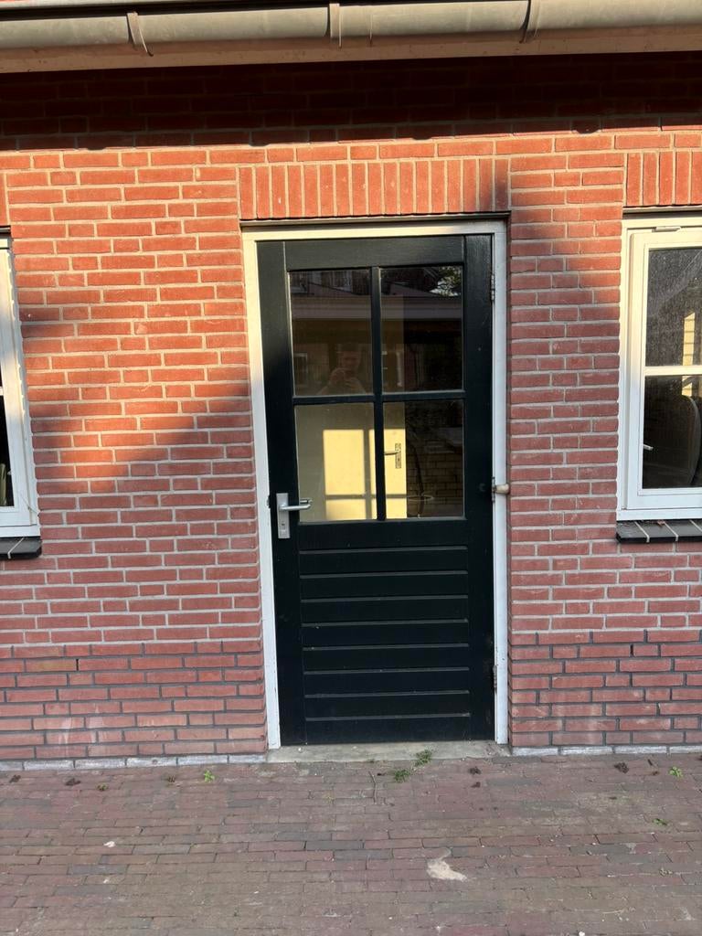 Houten buitendeur / achterdeur met glas en roedes, Doe-het-zelf en Verbouw, Deurkozijn, Zo goed als nieuw, Inclusief glas, Hout