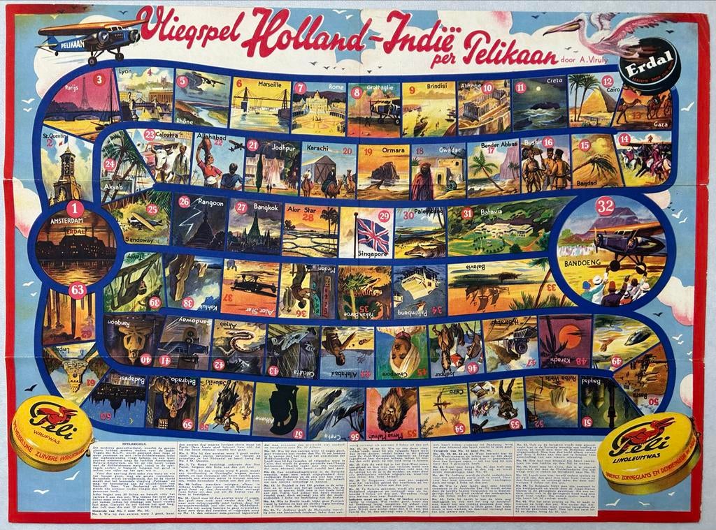 Vliegspel Holland-Indië Pelikaan - Vintage Bordspel, Verzamelen, Ophalen of Verzenden, Gebruikt, Kaart, Foto of Prent