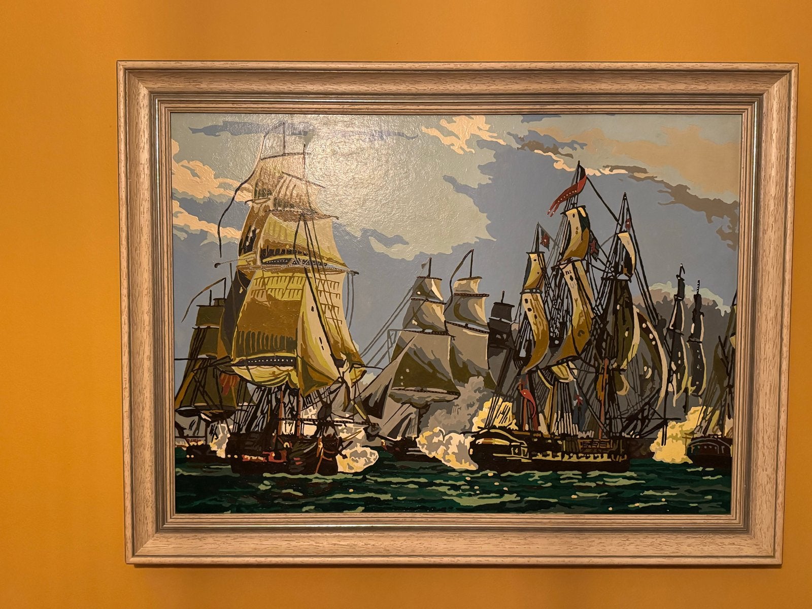 Schilderij Zeeslag Schepen Olieverf Ingelijst, Maritiem / water, Doek, Ophalen of Verzenden, Olieverf