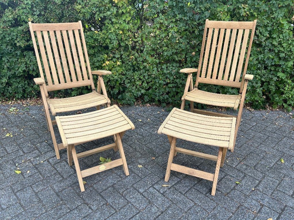 2 verstelbare tuinstoelen met voetenbankje / Teak & Garden, Tuin en Terras, Tuinstoelen, Ophalen, -, -, Teakhout