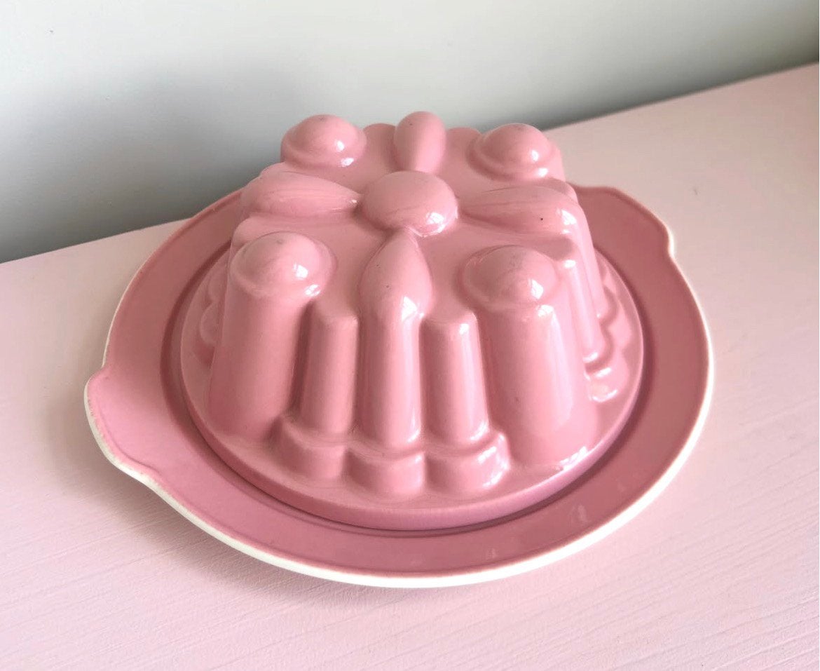 Roze puddingvorm met onderbord - Vintage, Ophalen of Verzenden