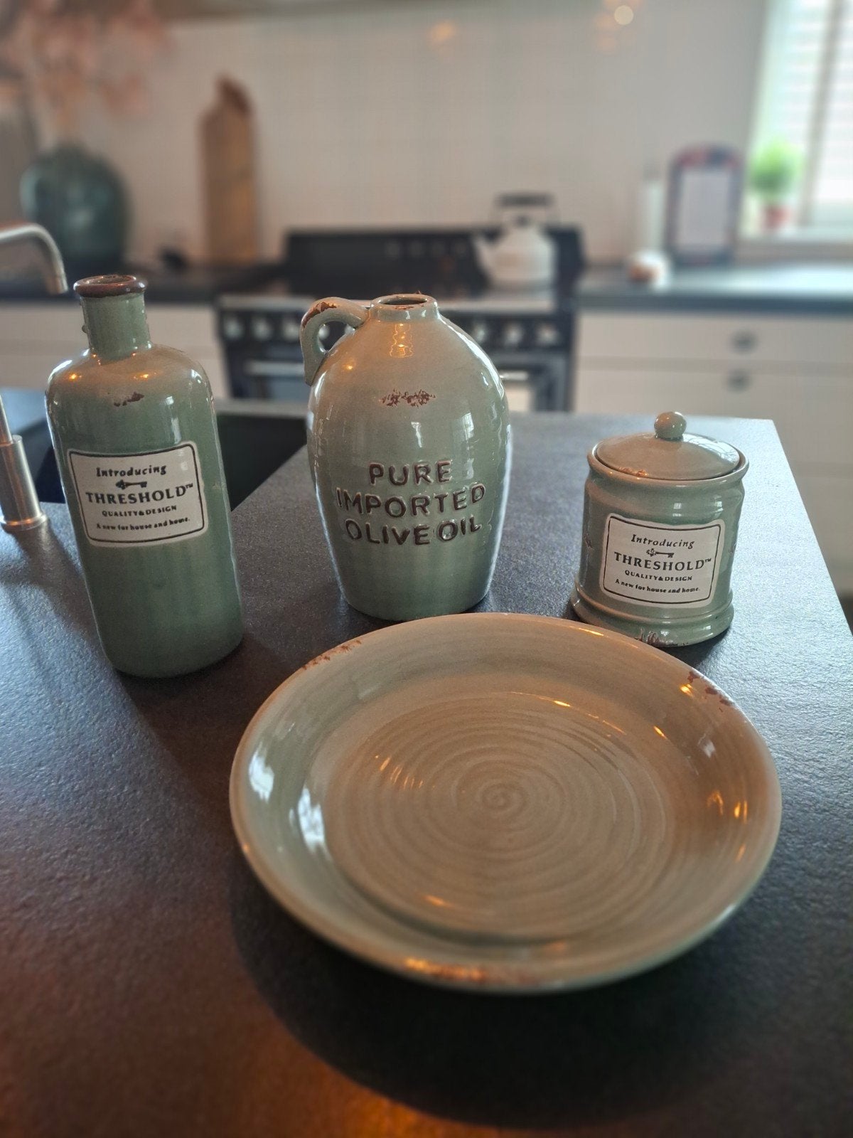 mooie 4-delige decoratie set groen, Ophalen, Zo goed als nieuw, Rond, Steen/keramiek