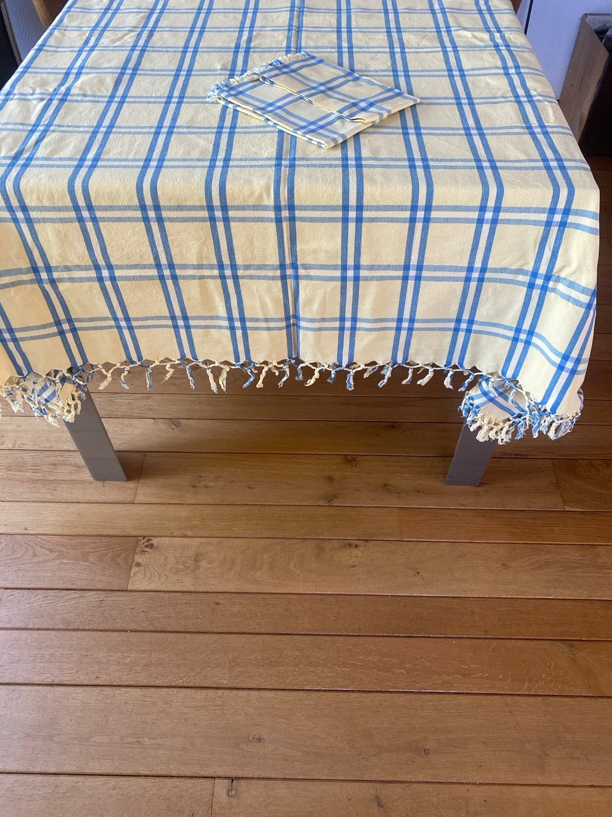 Geruit Tafelkleed met Franjes - Geel/Blauw 4.40x3.28 cm, Ophalen, Zo goed als nieuw, Katoen, Franjes/kwastjes