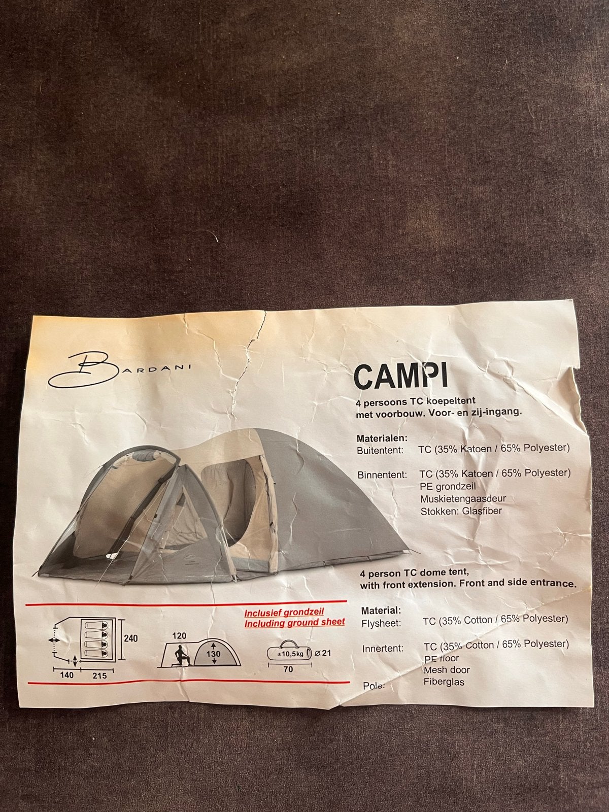 Bardani Campi 4-persoons koepeltent met voortent, Ophalen, Gebruikt, Tot en met 4