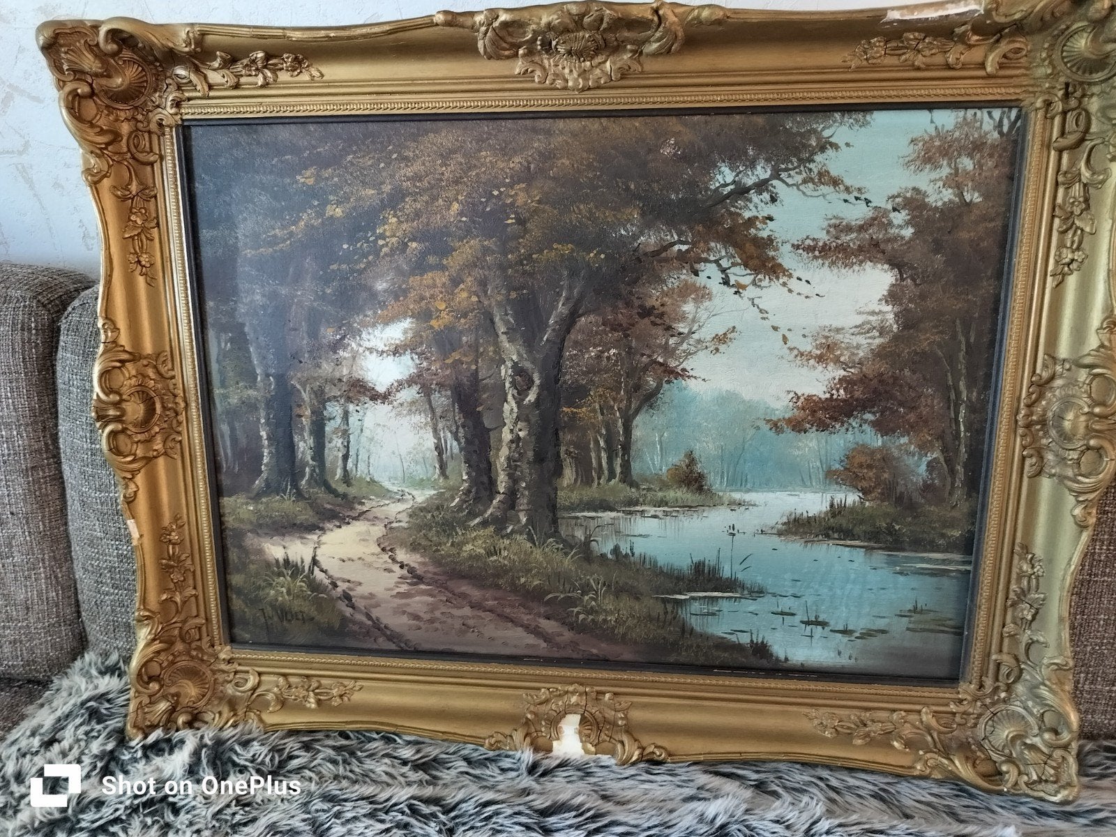 Antiek Schilderij: Boslandschap met Water (83x64 cm), Doek, Origineel werk, Ophalen of Verzenden, Landschap