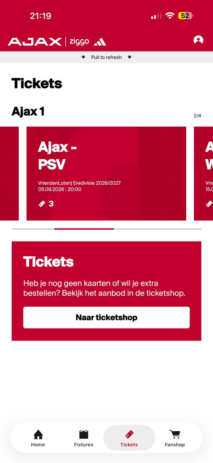 3 kaarten ajax-psv €200 per stuk. Familievak 424 rij 8, Februari
